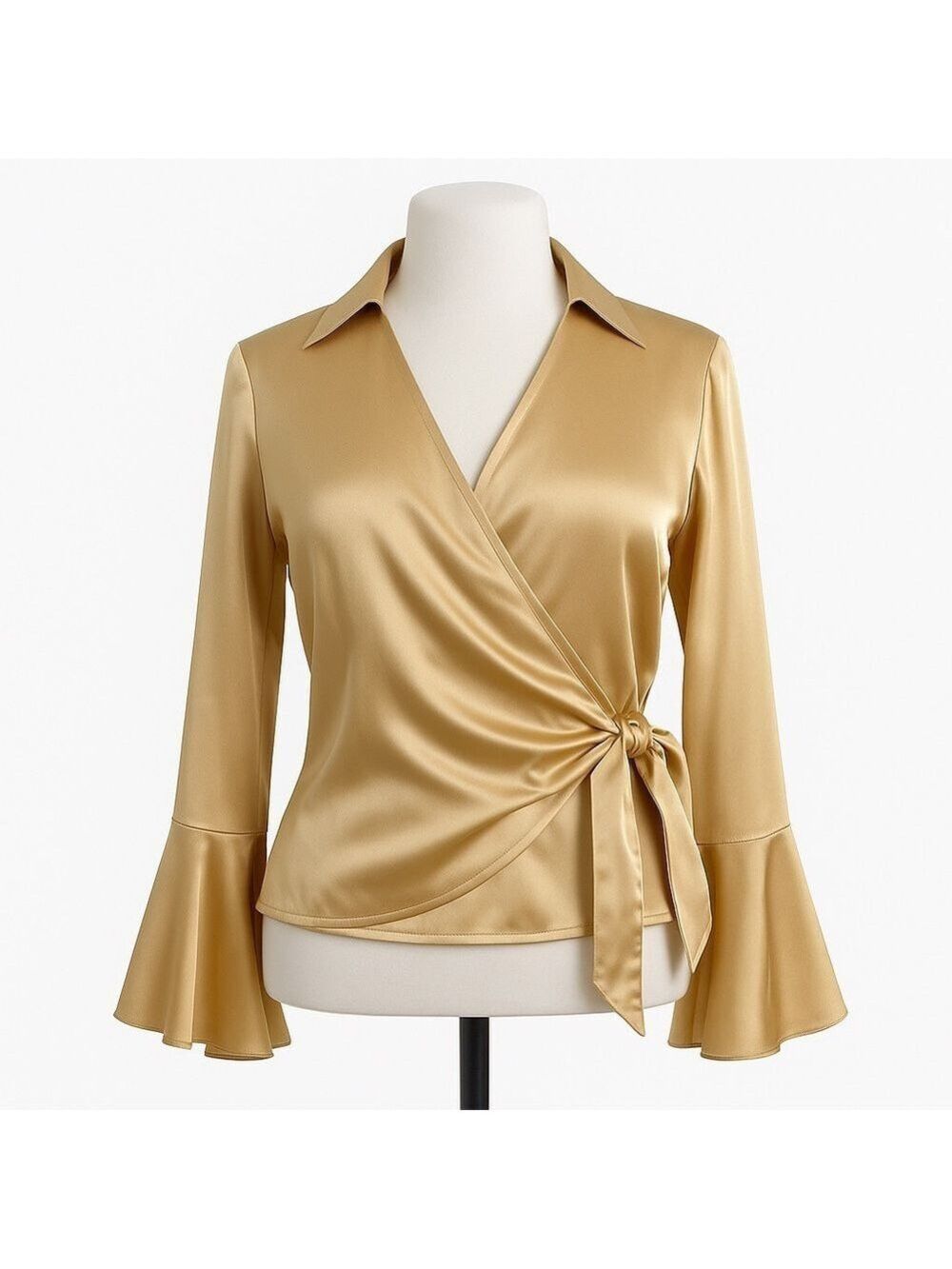Silkland Womens Gold Wrap Blouse With Ruffle Sleeves & Tie Waist Medium